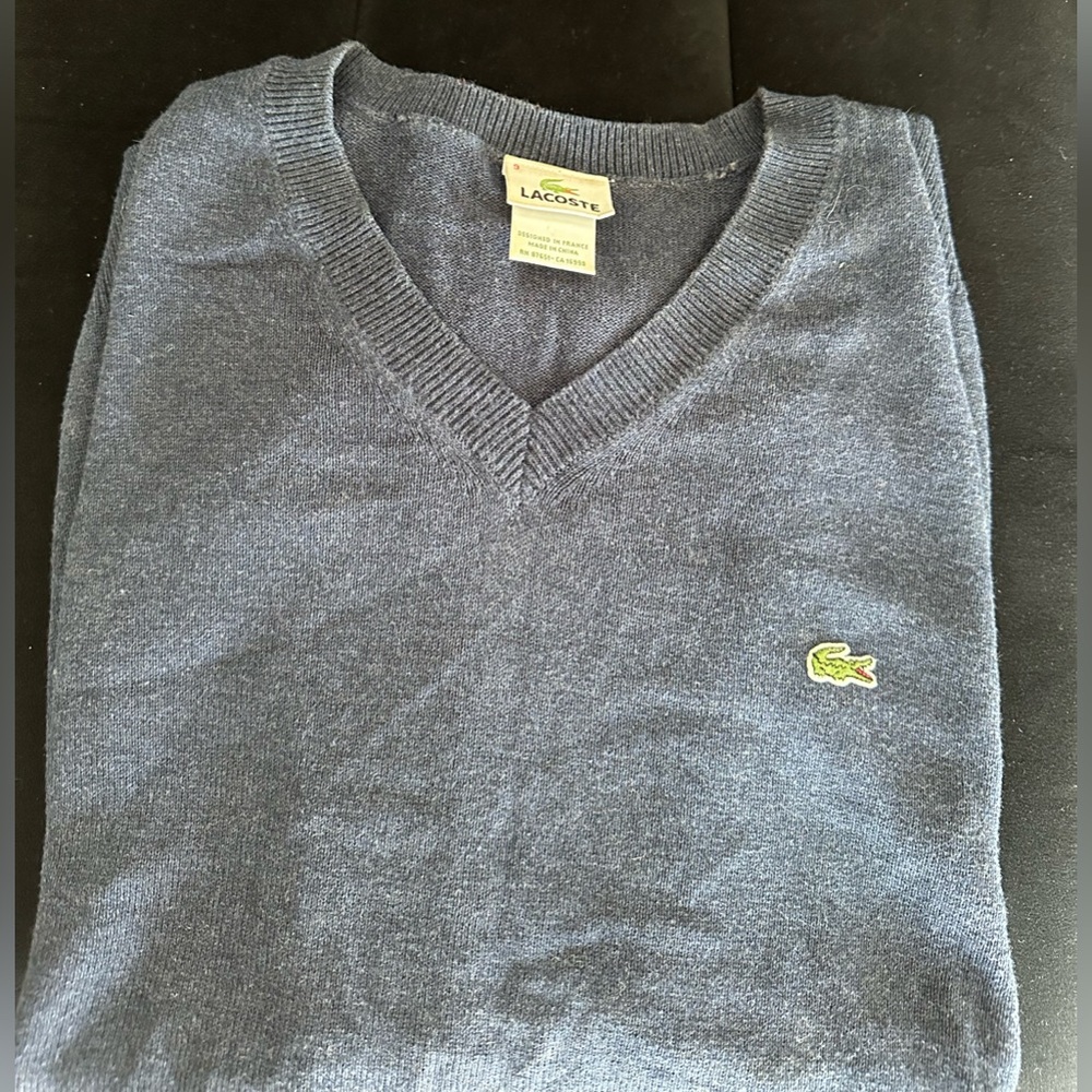 Lacoste Men's Dark Navy V-Neck Sweater with Crocodile Logo